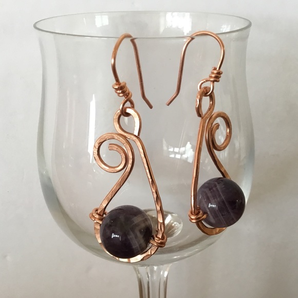 Fiddle Head Earrings - Genuine Amethyst on Copper - Picture 5 of 5
